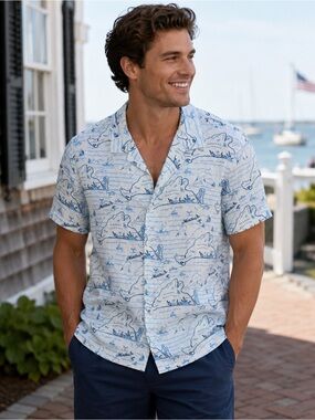 C&C California Men’s XL 100% Linen Martha’s Vineyard Map Shirt NWOT